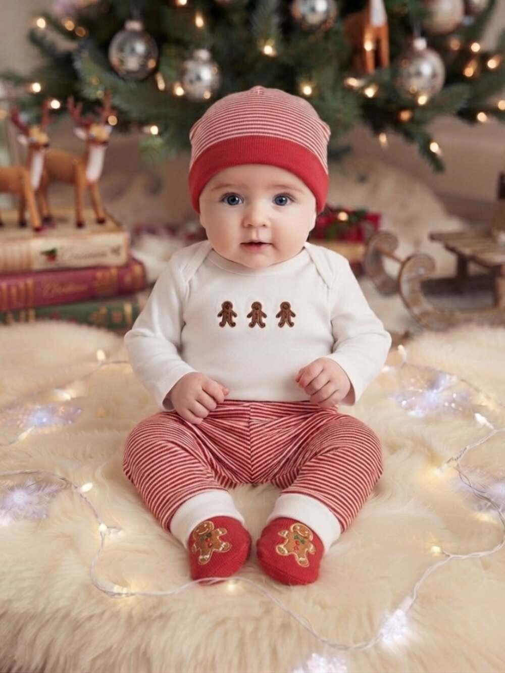 Cute! 4pc Gingerbread & Stripes New Born/Infant Baby Christmas Outfit NWT
